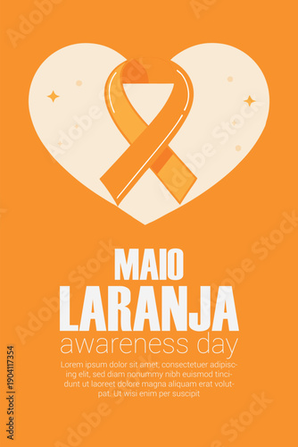 Maio laranja awareness day poster with an orange ribbon inside a white heart on orange background