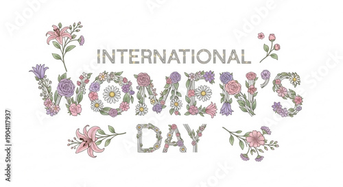 International women's day floral text with colorful flowers on white background