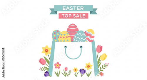 Colorful easter sale shopping bag with eggs and spring flowers illustration for holiday promotions and discounts