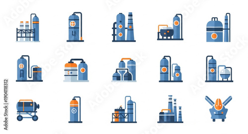 Set of industrial factory icons and symbols.
