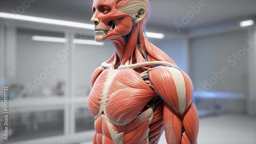 Human muscular system anatomy model in a medical laboratory setting with a person walking away, showing detailed muscles and bones