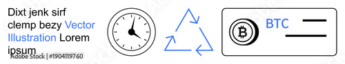 Cryptocurrency, blockchain transactions, eco-awareness, time management, sustainable finance, digital economy. Bitcoin symbol, recycling graphic and clock. Cryptocurrency and recycling concept