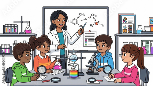 High-quality black outline colorful art of a group of girls and boys attending a STEM class led by a female teacher, inclusive and educational