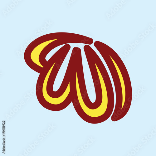 A simple hand drawn illustration of an abstract seashell in red and yellow tones on a light blue background. Ideal for summer stickers, nautical branding, and minimalist beach themed decor.