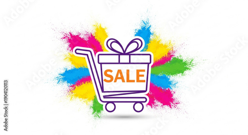 Vibrant shopping cart with gift and sale sign on colorful background