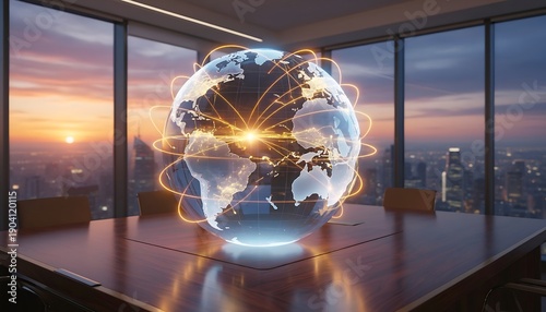 Glowing global supply chain flow chart with connecting data arcs on a transparent globe in a luxury corporate office