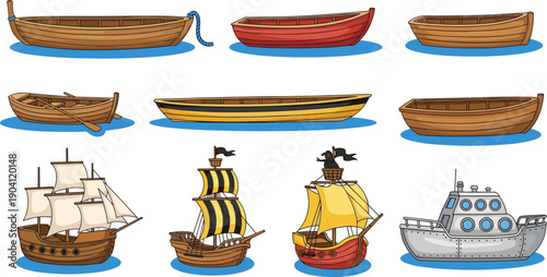 Cartoon boats illustration set, wooden rowboats sailing ships pirate vessels motor boat collection isolated on white background, marine vector design