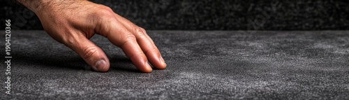 Close up of a human hand extending towards an object on a flat surface focusing on touch and reach.