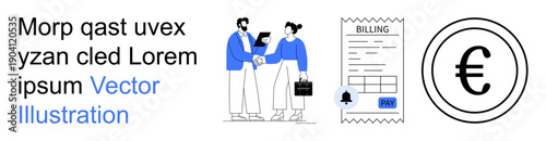 Payment systems, teamwork, euro finance, invoicing, contracts, digital economy. Professionals shaking hands, billing invoice and euro currency symbol. Payment systems and teamwork