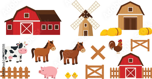 Cartoon farm illustration set, barn windmill animals fences hay rural countryside elements isolated on white background, agriculture vector design icons