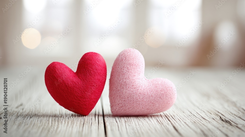 Fototapeta premium Two Soft Felt Hearts in Red and Pink Colors Resting on a Wooden Table with Blurred Background, Symbolizing Love and Affection in a Cozy Setting