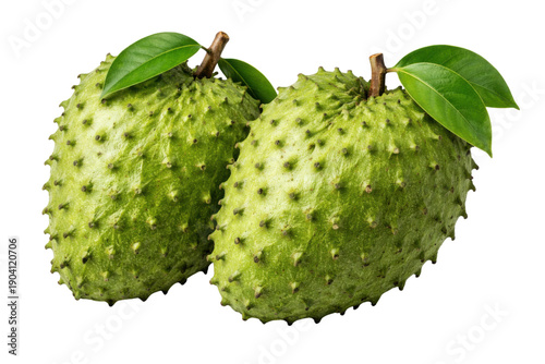 Foto detailed photograph of two fresh green soursop fruits with leaves, showcasing their spiky texture and vibrant color against a transparent background