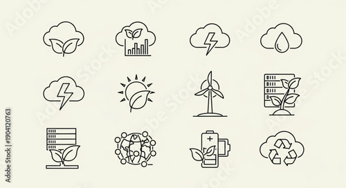 Set of icons representing green technology and renewable energy sources.