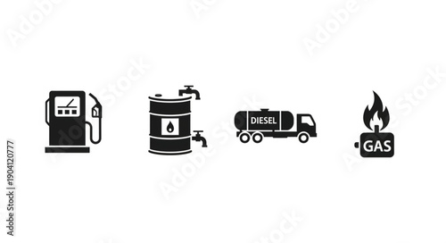 Set of icons representing fuel and energy industry concepts.