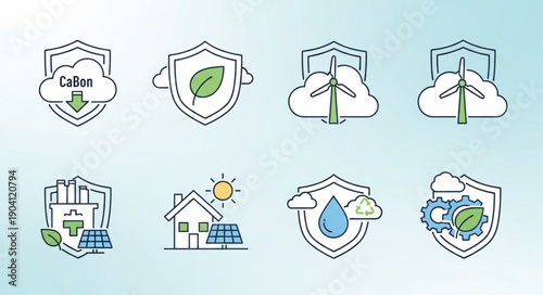 Set of icons representing green energy and environmental protection concepts.