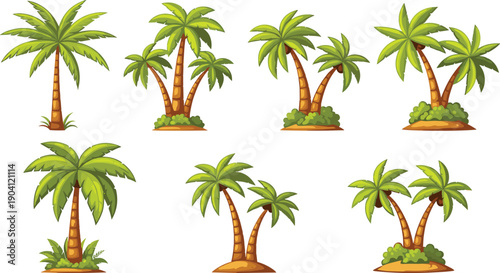 Cartoon palm trees illustration set, tropical coconut trees collection for island beach landscape design, nature summer vector elements isolated white