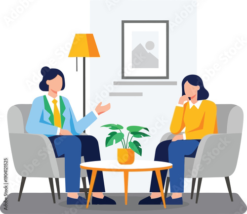 Two women having a conversation on a couch with a plant and lamp, isolated on transparent background