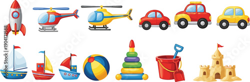 Colorful cartoon kids toys collection featuring vehicles beach toys and playful icons for children education nursery decor isolated on white background illustration concept