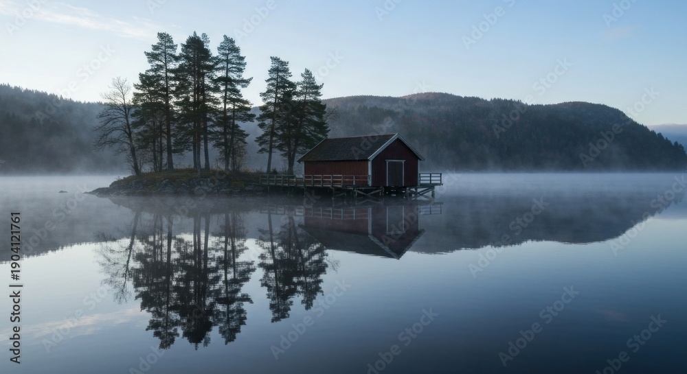 Fototapeta premium Red boathouse on a tiny island with trees, reflected in calm, misty lake water