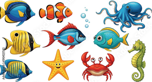 Colorful cartoon sea animals collection featuring tropical fish octopus crab starfish and seahorse, cute underwater marine life illustration isolated on white background