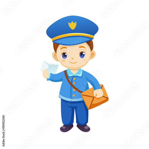 Cute cartoon postman delivering letters, happy mailman character, child-friendly postal worker, blue uniform, mail delivery, vector flat illustration