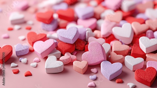 Colorful Heart-Shaped Candy on Pink Background for Valentine's Day Celebration and Romantic Festivities in Sweet and Charming Display
