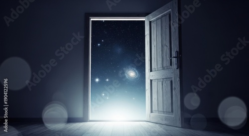 Wallpaper Mural An open door reveals a stunning galaxy. Dark interior, bright space. Wooden door, soft light Torontodigital.ca