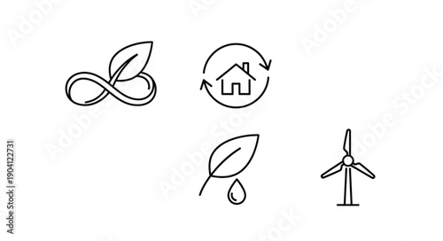 Set of hand-drawn icons representing sustainability and renewable energy concepts.