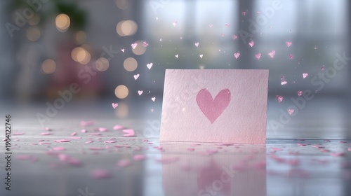 Romantic Pink Heart Card on Table with Floating Hearts, Beautiful Bokeh Background, Perfect for Love, Valentine's Day, and Celebration Themes