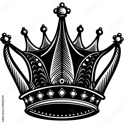 Elegant black and white medieval crown illustration with intricate detailing and symmetry