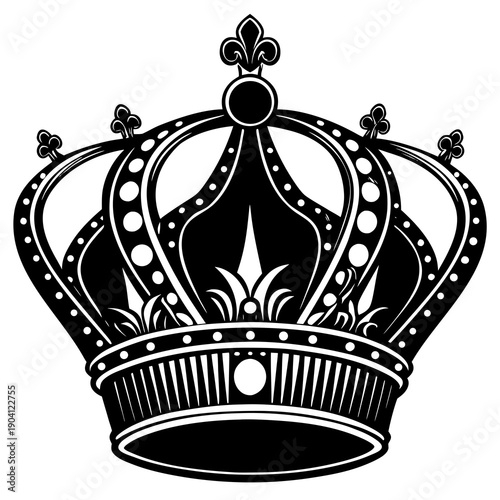 Intricate black and white illustration of a regal crown with ornate details and fleur-de-lis symbols.