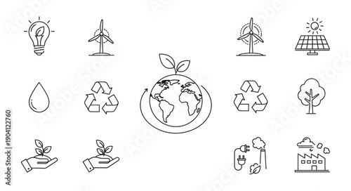 Set of hand-drawn icons representing environmental protection and renewable energy sources.