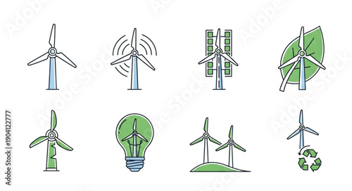 Set of hand drawn wind turbines and renewable energy icons.