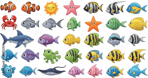 Cute sea animals illustration set, colorful cartoon fish starfish crab shark ocean creatures collection isolated on white background, vector design