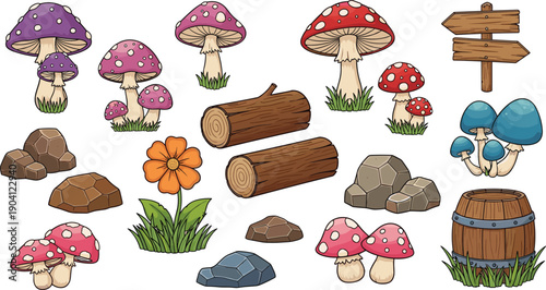 Cute forest elements illustration set, cartoon mushrooms logs stones flowers wooden objects isolated on white background, fantasy nature vector design