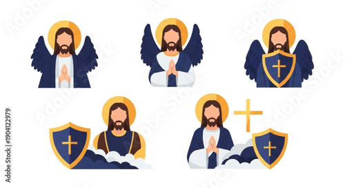 Set of Five Jesus Christ Icons with Wings and Shields.