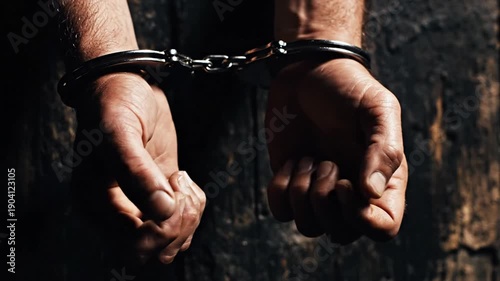 Man's hands cuffed to wooden wall in a dark background, symbolizing imprisonment or arrest