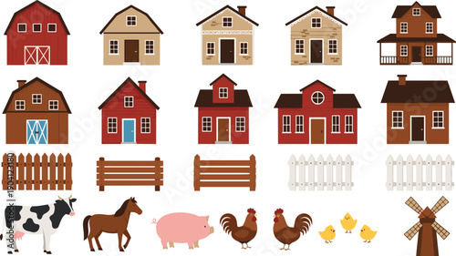 Farm village illustration set with houses, barns, fences, animals, windmill, rural countryside elements, cartoon style collection isolated on white
