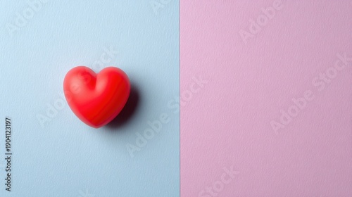 Red heart on pastel blue and pink background symbolizing love, affection, and warmth, perfect for romantic themes and heartfelt expressions in visuals