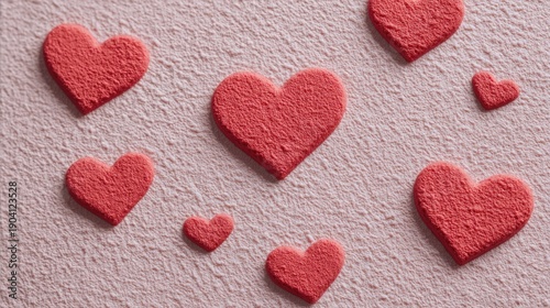 Textured pink background with vibrant red heart shapes arranged artistically for romantic or love-themed design projects and crafts.