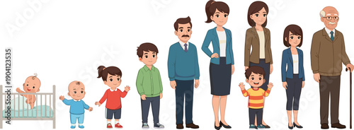 Human life stages illustration showing baby child teenager adult senior family growth timeline characters isolated on white background educational concept vector design infographic