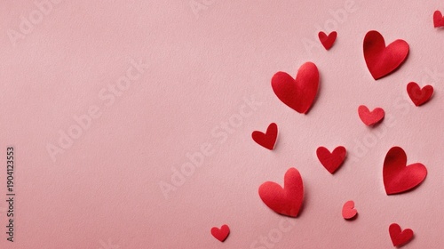Red paper hearts scattered on a soft pink background create a romantic and cheerful atmosphere perfect for Valentine's Day or love-themed projects