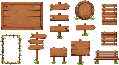 Wooden signboard illustration set, rustic boards arrows frames barrels benches, cartoon wooden elements isolated on white background, vector design, icons