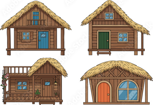 Wooden thatched houses illustration set with rustic cabins cottages fantasy village architecture cartoon vector collection isolated white background design elements