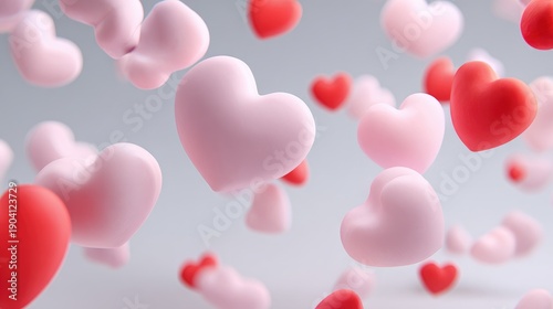 Floating Hearts in Varying Shades of Pink and Red Against a Soft Gray Background for Romantic or Celebration Themes