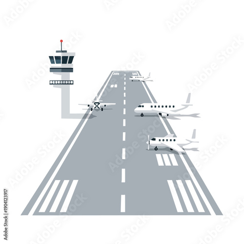 Airport Runway with Control Tower and Airplanes