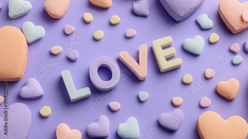 Colorful Heart-Shaped Candy and Pastel Letters Forming Love on a Soft Purple Background Ideal for Valentine's Day Decoration and Romantic Themes