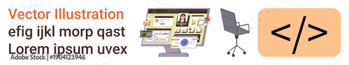 Web development, coding, digital workspace, UI design, education, IT tools. Elements include computer screen with interface, office chair and programming code symbol. Web development and coding