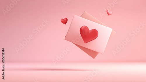 Floating Envelopes with Red Hearts on Soft Pink Background Creating Romantic Atmosphere for Valentine’s Day or Love Celebrations in a Whimsical Style