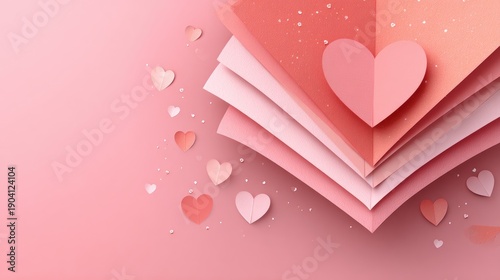 Beautiful Pink Paper Hearts in Various Shades on a Soft Pink Background for Valentine’s Day, Love, and Romantic Themes